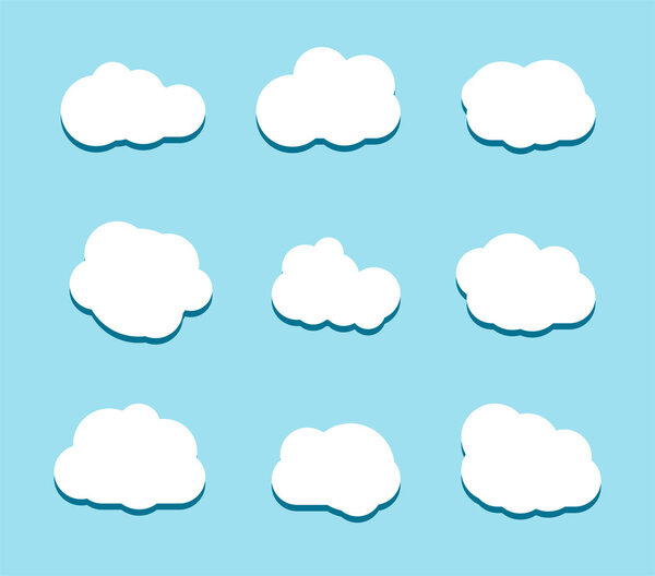 Set of blue sky, clouds. Cloud icon, cloud shape. Set of different clouds. Collection of cloud icon, shape, label, symbol. Graphic element vector. Vector design element for logo, web and print