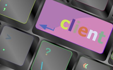 Müşteri Hizmet Anlayışı. Word Clients on It vektör klavye tuşu ile Modern Bilgisayar Klavyesi'nde düğme. klavye düğmesi. Vektör çizimi