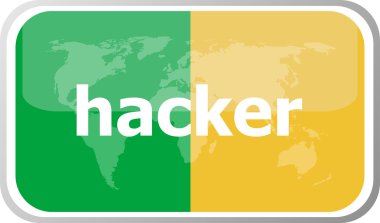 Hacker. Düz web düğmesi simgesi. Dünya haritası dünya simgesi. Vektör çizimi