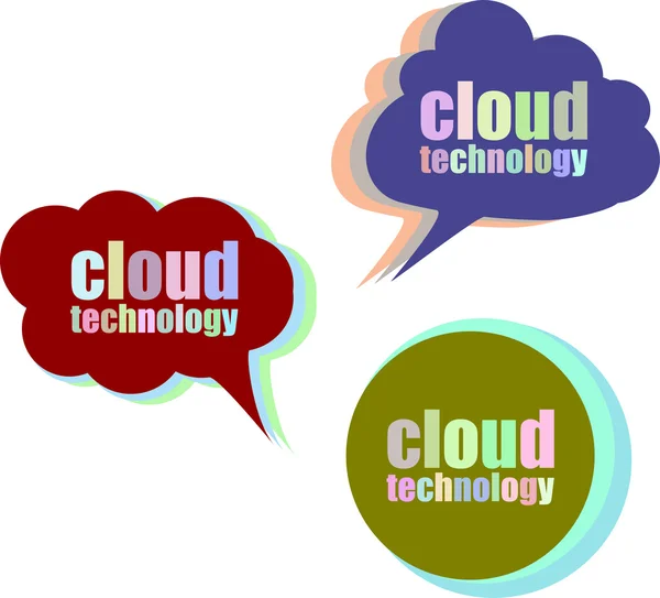 Tecnologia cloud. Set di adesivi, etichette, etichette. Bandiere aziendali, modello per infografica. Icona impostata. Icona piatta. Illustrazione vettoriale — Vettoriale Stock