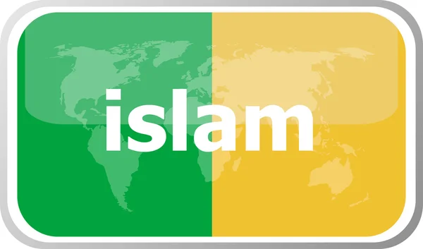 Islam. Pulsante piatto icona web. Mappa del mondo icona della terra. Illustrazione vettoriale — Vettoriale Stock