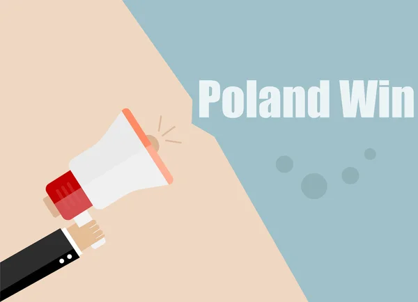 Polsko vyhrává. Plochá konstruktorová koncepce obchodní ilustrace Digitální Marketing Business Man držící megafon pro webové stránky a propagační nápisy. — Stockový vektor