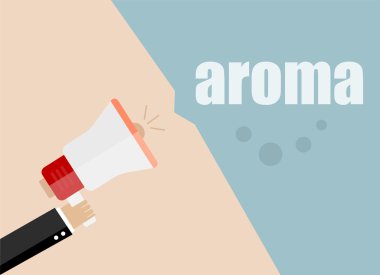 Aroma. Düz tasarım vektör iş illüstrasyon kavramı Dijital pazarlama iş adam web sitesi ve promosyon afiş için megafon tutan.