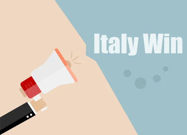 Itálie vyhrává. Plochá konstruktorová koncepce obchodní ilustrace Digitální Marketing Business Man držící megafon pro webové stránky a propagační nápisy. — Stockový vektor