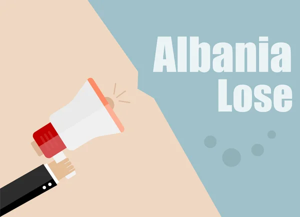Η Αλβανία χάνει. Επίπεδη σχεδίαση διάνυσμα επιχειρηματική απεικόνιση ιδέα ψηφιακό μάρκετινγκ επιχείρηση άνθρωπος κρατώντας μεγάφωνο για την ιστοσελίδα και προώθηση πανό. — Διανυσματικό Αρχείο