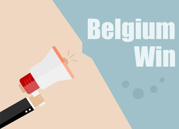 Belgie vyhrála. Plochá konstruktorová koncepce obchodní ilustrace Digitální Marketing Business Man držící megafon pro webové stránky a propagační nápisy. — Stockový vektor