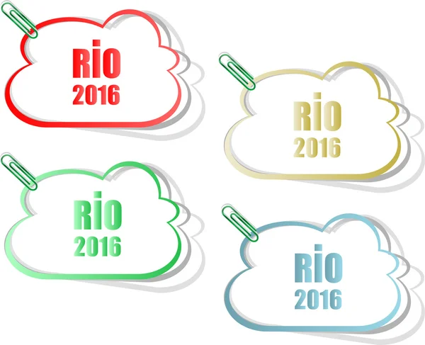 Stickers set. Teken symbool Rio Olympische Spelen 2016 in de kleuren van de Braziliaanse vlag. Brazilië carnaval. Vector illustratie — Stockvector