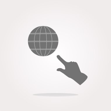 İnsan eli olan bir internet simgesi. Dünya çapındaki web sembolü. Çember düğmeleri. Vektör illüstrasyonu