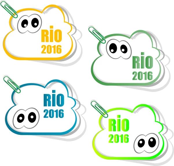 Pegatinas fijadas. Signo símbolo Juegos Olímpicos de Río 2016 en colores de la bandera de Brasil. Carnaval de Brasil. Ilustración vectorial — Vector de stock