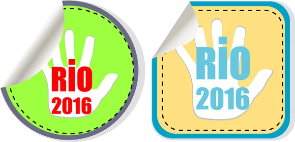 Stickers set. Teken symbool Rio Olympische Spelen 2016 in de kleuren van de Braziliaanse vlag. Brazilië carnaval. Vector illustratie — Stockvector