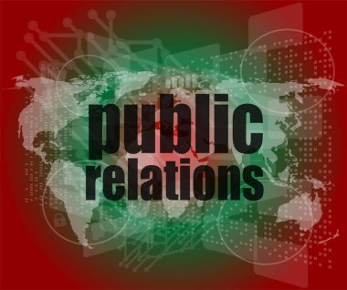 Sosyal konsept: dijital ekranda halkla ilişkiler kelimeleri, 3d