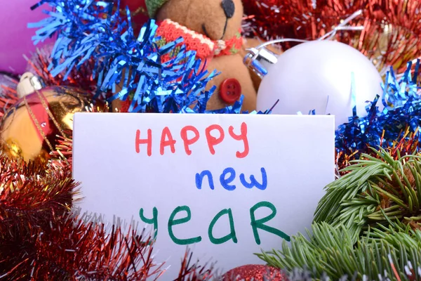 2021 Счастливый Новый Год Рождественская Открытка Медвежонком Шариками Подарками Новогодние — стоковое фото