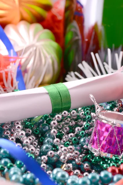 Christmas balls, diamonds and ribbon, new year decoration — Stock Photo, Image