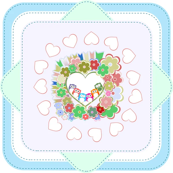 Hintergrund mit Eulenfamilie in Blumen mit Herzen — Stockfoto