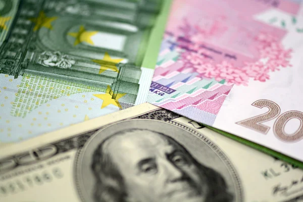 美元欧元和格里夫纳汇率纸币 — 图库照片