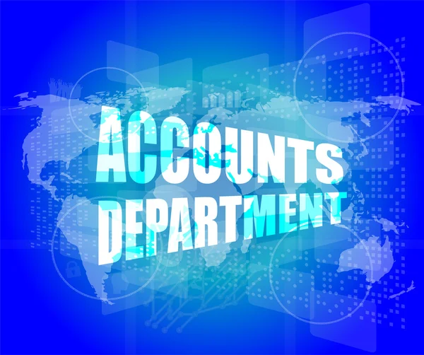 Accounts departments words on digital screen background with world map — Stock Photo, Image