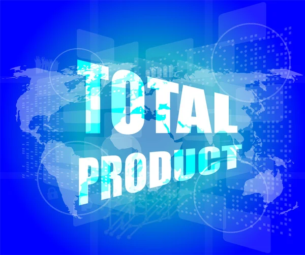 Celková slova produktů na pozadí digitální obrazovky s mapou světa — Stock fotografie