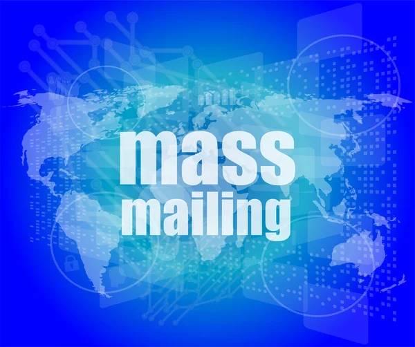 Mailing word di massa sullo schermo digitale, concetto di comunicazione globale — Foto Stock