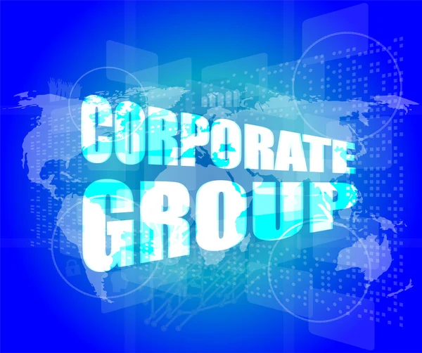 Palavras de grupo corporativo na tela digital com mapa do mundo — Fotografia de Stock