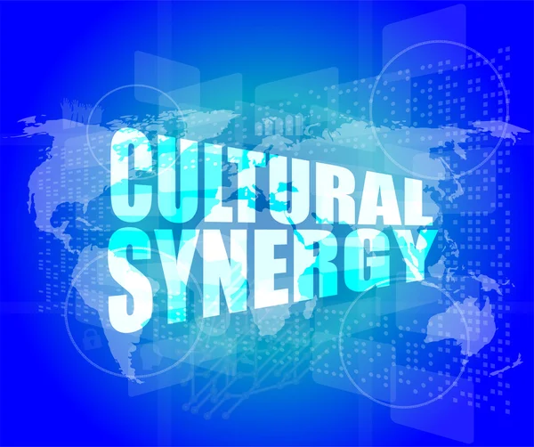 Kulturelle Synergien Wörter auf digitalem Bildschirm mit Weltkarte — Stockfoto
