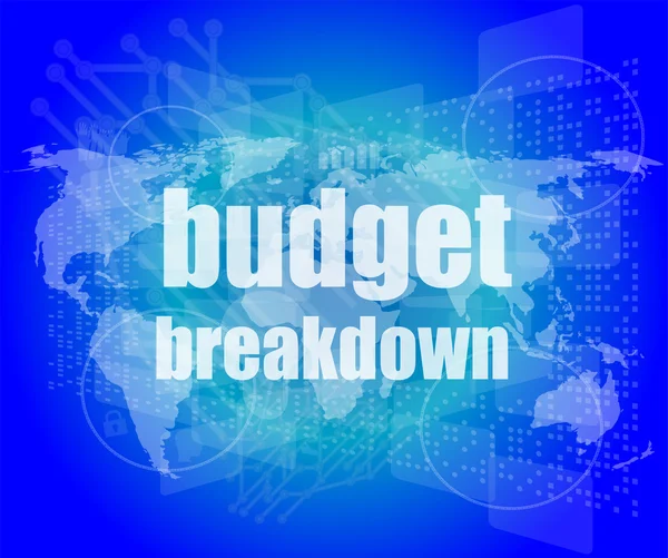 Podnikatelský koncept: slova rozpočtu rozpis na digitální displej, 3d — Stock fotografie
