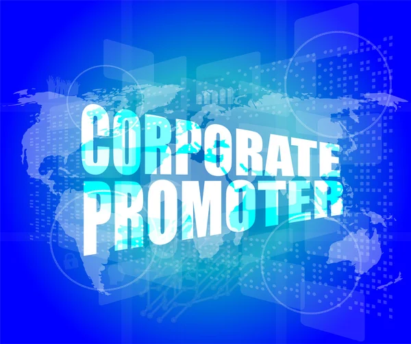 Corporate promoter words on digital screen with world map — Stock Photo, Image