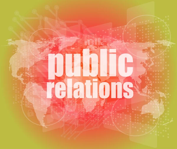 Concept social : mots de relations publiques sur écran numérique, 3d — Photo