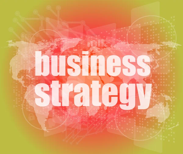 Palabra de estrategia de negocio en la pantalla digital, interfaz de control de misión de alta tecnología —  Fotos de Stock