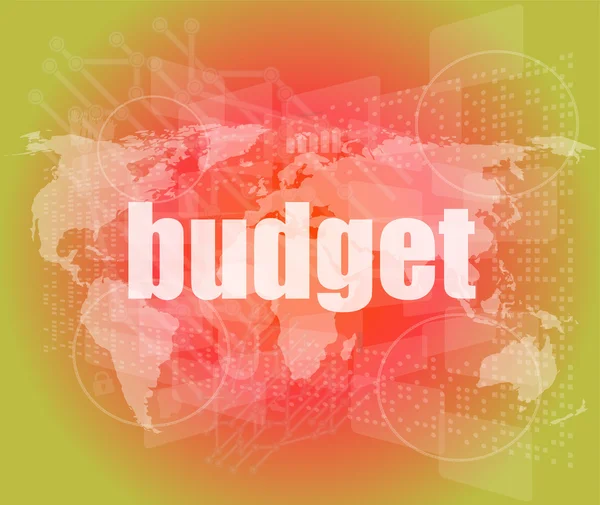 Palavra orçamento na tela sensível ao toque, moderno fundo tecnologia virtual — Fotografia de Stock