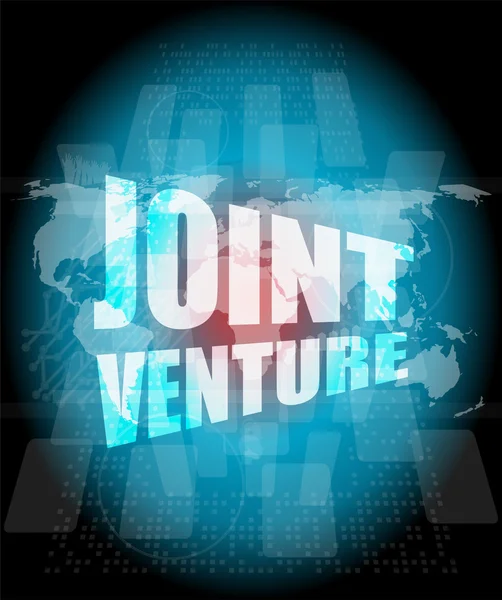 Palavras joint venture no fundo da tela digital com mapa do mundo — Fotografia de Stock