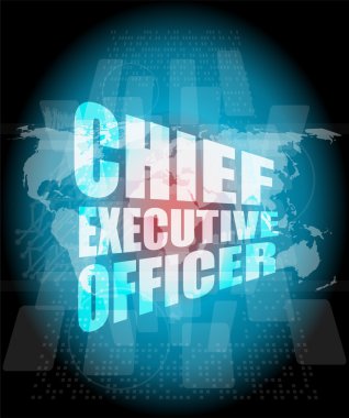 Dünya haritası ile dijital ekran arkaplanındaki yönetici komutanı sözcükleri