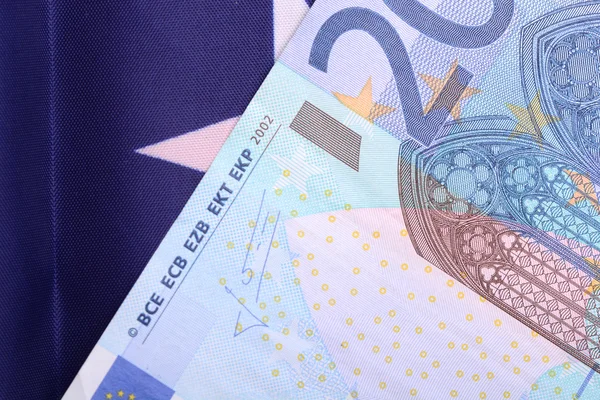 European money on american flag — Stock Photo, Image