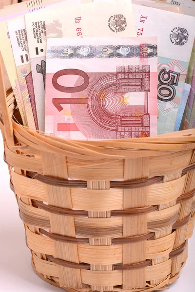 Money set in a basket, dollars, euro and ukrainian money — Stock Photo, Image