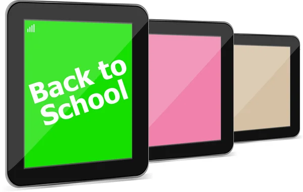 Tablet PC conjunto con dack a la palabra de la escuela en él, aislado en blanco — Foto de Stock