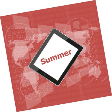 tablet pc ekran, dijital dokunmatik ekran, tatil kavramı, yaz kartı yaz söz