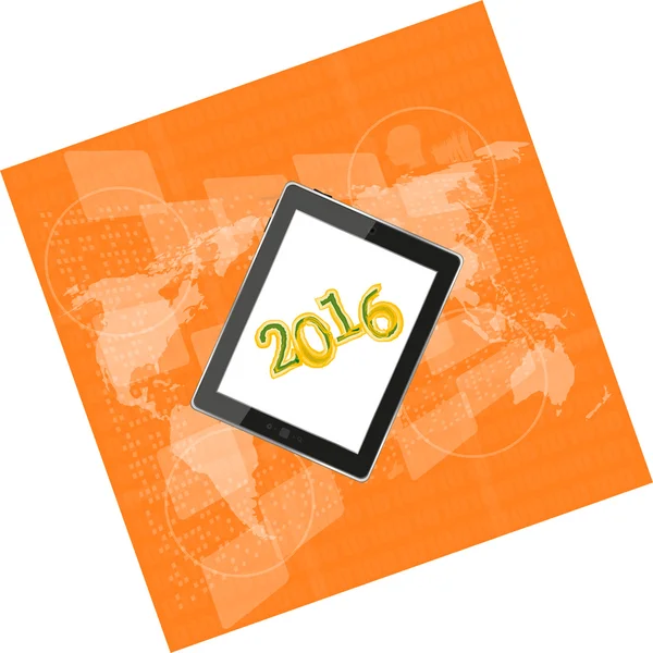 Планшетний ПК або смартфон на бізнес цифровому сенсорному екрані, карта світу, концепція щасливого нового року 2016 року — стокове фото