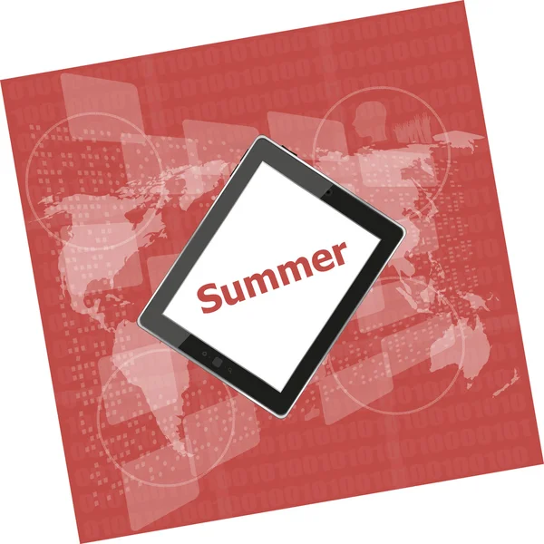 Lato słowo na ekranie komputera typu tablet, cyfrowy dotykowy ekran, koncepcja wakacje, karta lato — Zdjęcie stockowe