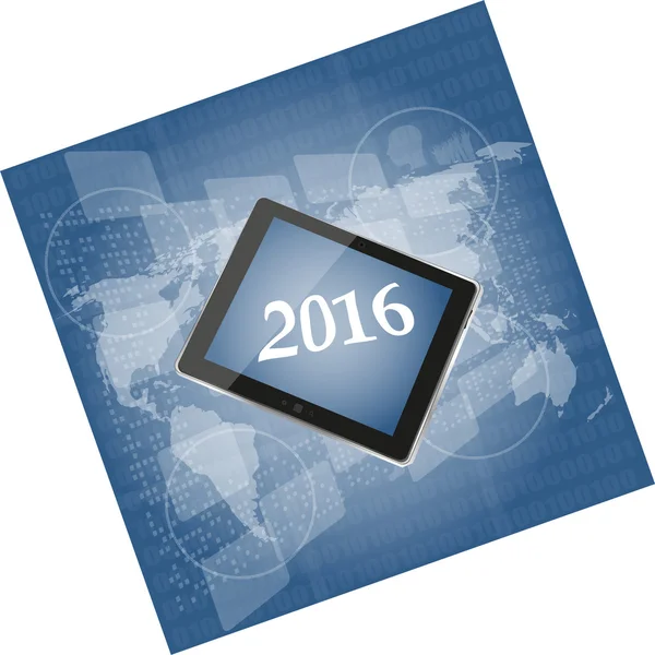 Tablet pc ou telefone inteligente na tela de toque digital de negócios, mapa do mundo, conceito feliz ano novo 2016 — Fotografia de Stock