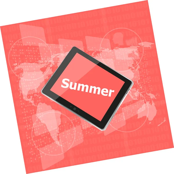 Palabra de verano en la pantalla de la tableta PC, pantalla táctil digital, concepto de vacaciones, tarjeta de verano — Foto de Stock