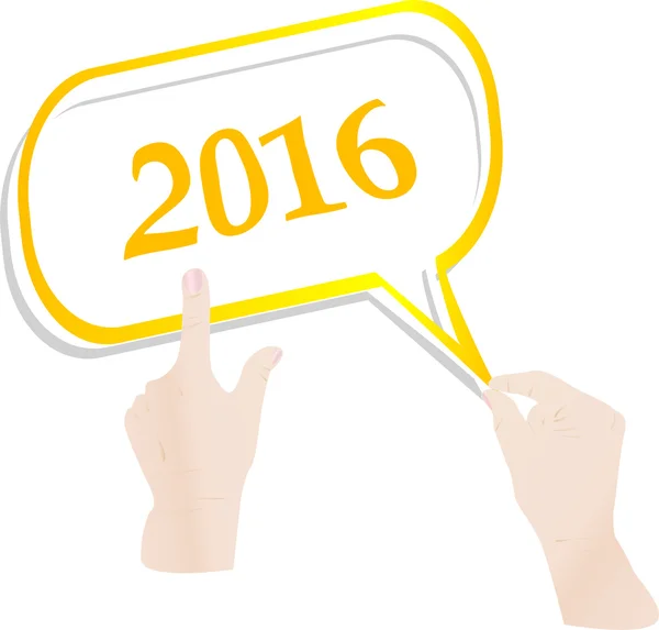 Mão com abstrato discurso bolhas definido no fundo de Natal branco, 2016 conceito de ano novo — Fotografia de Stock