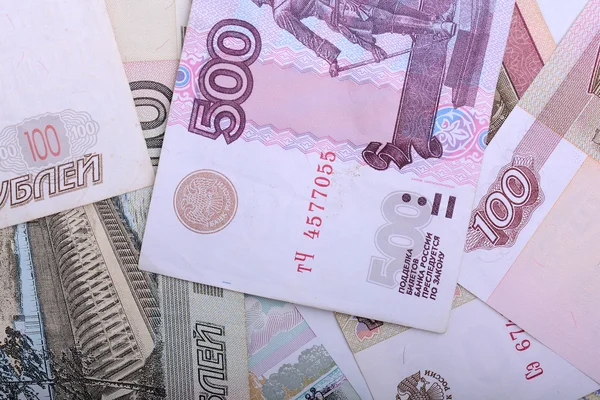 Fundo de dinheiro russo. Rublos notas close up textura — Fotografia de Stock