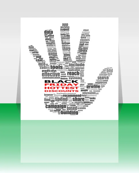 Hand sign with social media word cloud. Black friday. Vector illustration — Stockvector