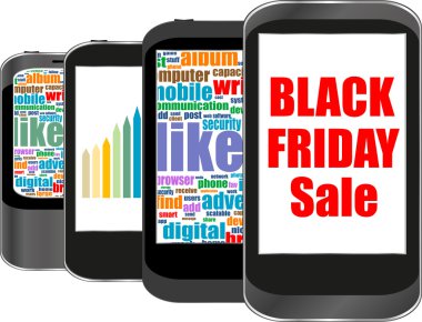 Siyah Cuma akıllı telefon, büyük satış kavramı kelime. Vektör çizim