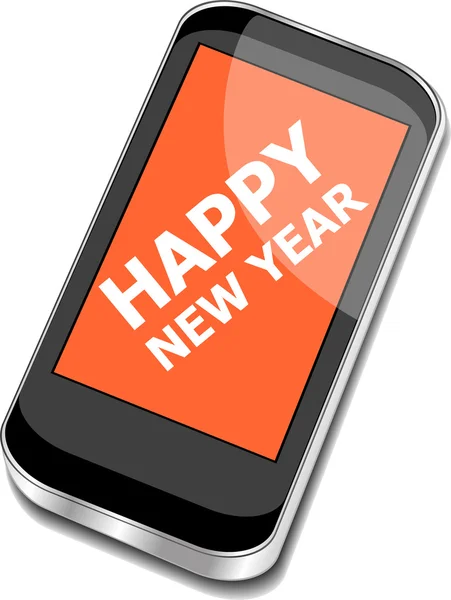 Telefone inteligente com cumprimentos Feliz Ano Novo na tela, cartão de férias Vector — Vetor de Stock