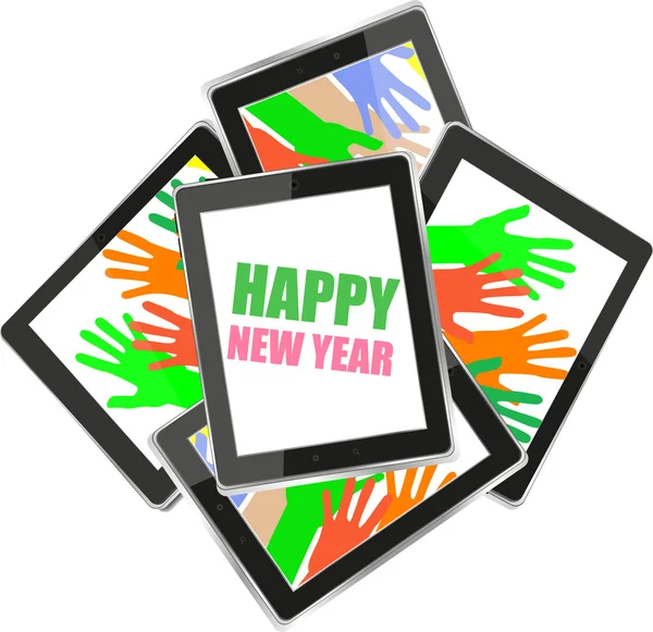 Szúró telefon-val vektor boldog új évet köszöntések a képernyőn, vektor üdvözlőlap-ünnep — Stock Vector