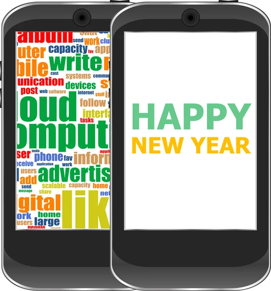 智能手机与快乐的新年问候在屏幕上，矢量节日贺卡 — 图库矢量图片