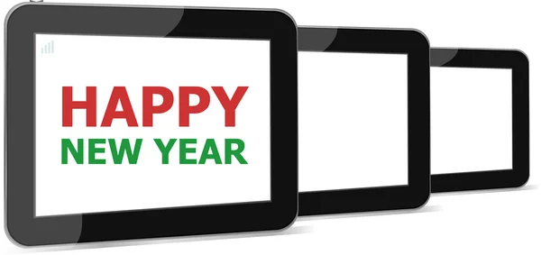 Vector illustration of a tablet pc icon with Happy New Year words — Stock Vector