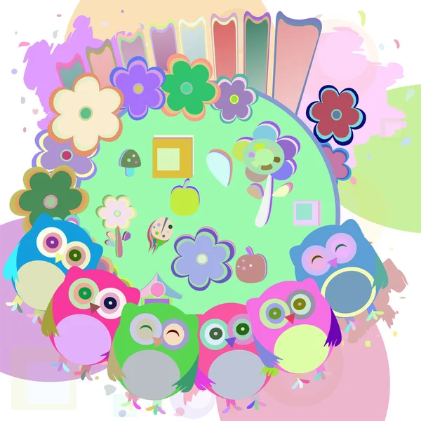 Vector retro flowers and cute owls — Stockvector