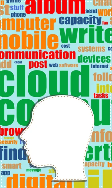 Векторная Word cloud, облачная текстовая бизнес-концепция. Силуэт головы со словами на тему социальных сетей. Слово коллаж. — стоковый вектор