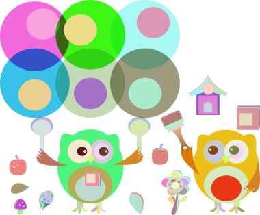 vector two cute owl painter